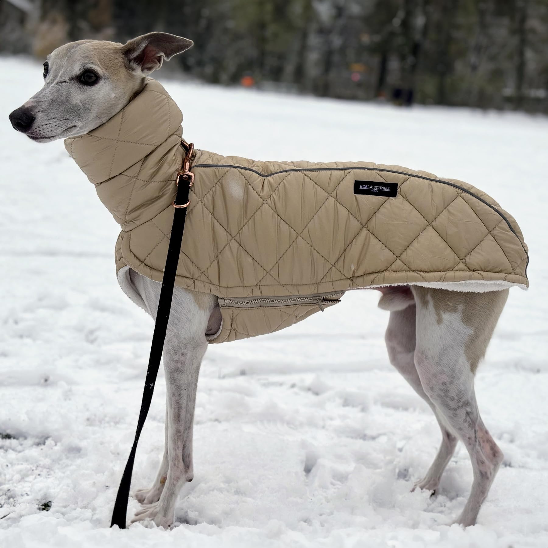 EDEL&SCHNELL Stepp-Wintermantel beige gefüttert mit Kunstpelz, Winterjacke Hund mit Reißverschluss, Hundemantel für große Hunde Rückenlänge 60-65 cm