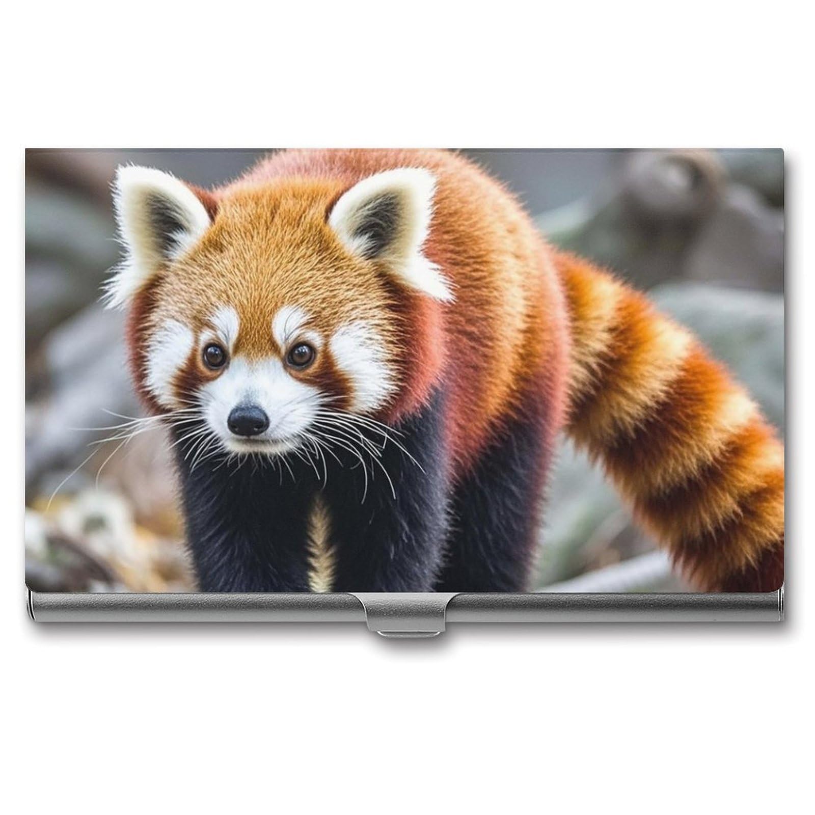 BTCOWZRV Little Red Panda Animal Business Card Holder Metal Slim Business Card Case, Pocket Card Holder for Men Women Purse Name Card Holder Stainless Steel Wallet Credit ID Case for Office