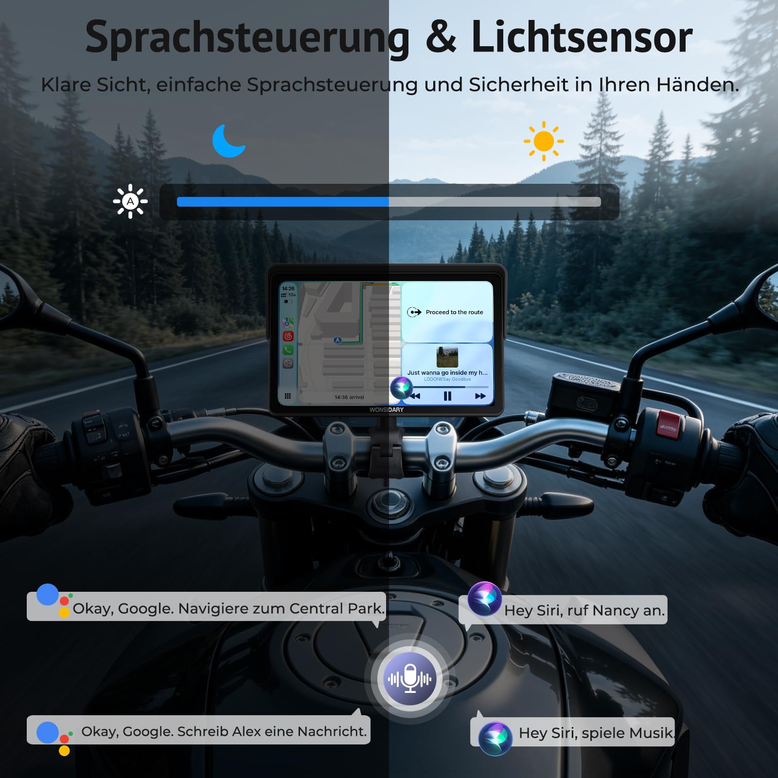 W722TPMS 7 Zoll Motorrad CarPlay Display mit TPMS & Android Auto | Motorrad Navi Display mit IP67 Wasserdichtes ,Dual Bluetooth, Sprachsteuerung, EQ，USB & ACC Anschluss für Motorrad Reisen