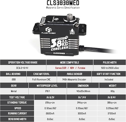 Miniatura 6 de Servo sin núcleo de 83.8 lbs, servo de alto par de torsión de 8.4 V, engranaje de metal completo servo RC con IP67 impermeable y soporte magnético