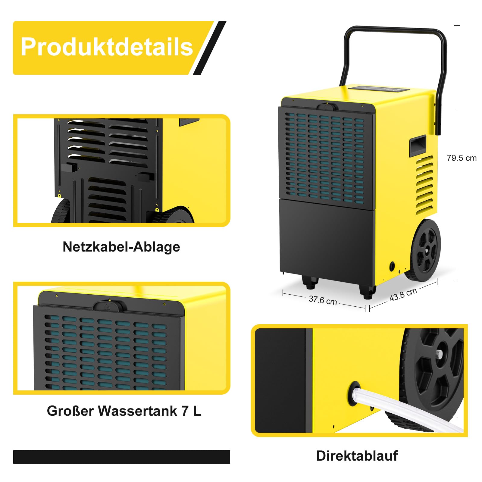 Bautrockner Luftentfeuchter Keller 50 L/Tag - 7L Großwassertank | Entfeuchter elektrisch für Baustellen, Keller & Große Räume bis 150 m²/380 m³, mit 24h Timer & Abtauautomatik