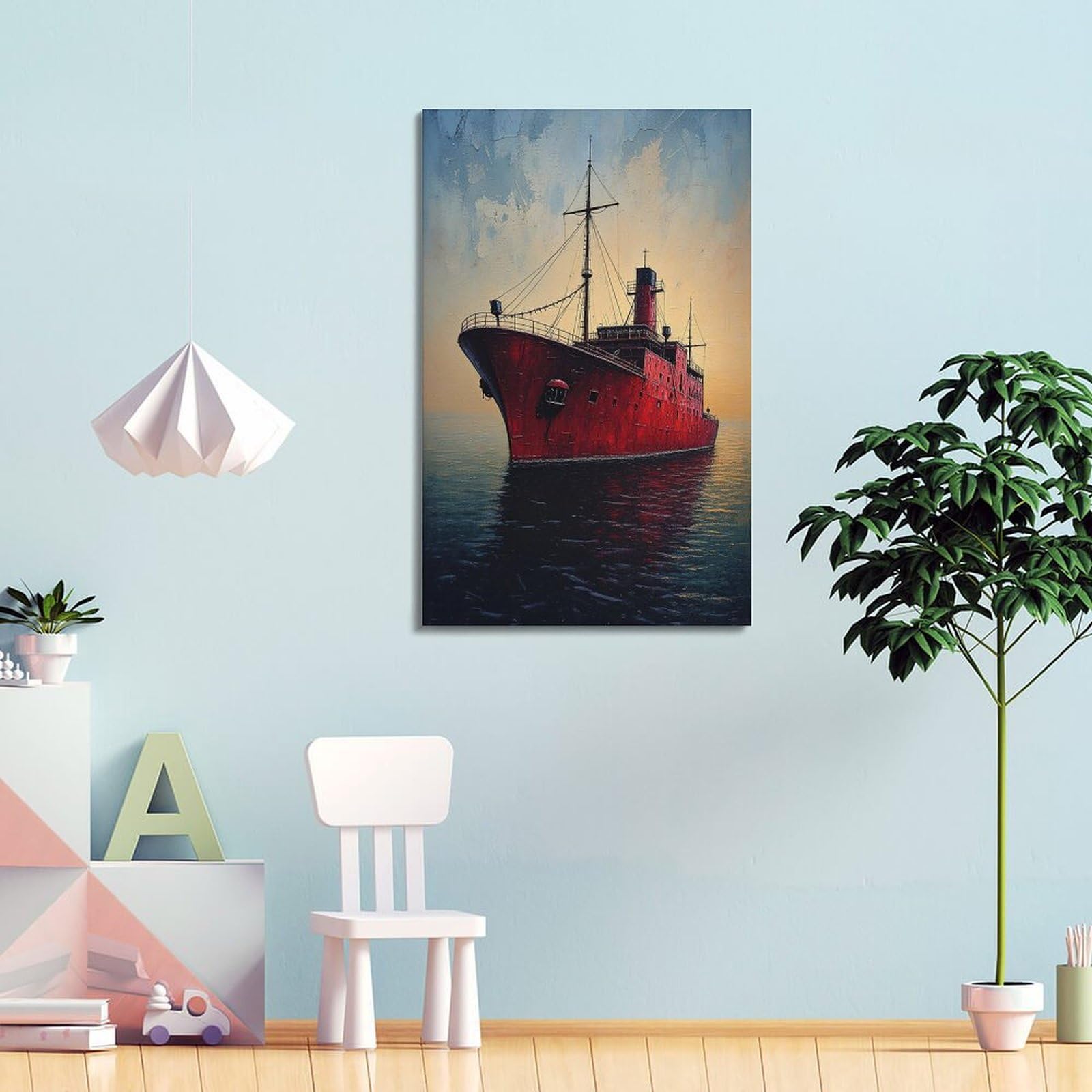 CWLLOG Leinwanddrucke, Wandkunst, Poster, Landschaft, rotes Schiff, Segeln auf Meer, Rahmen-Stil, moderne Wohn- und Schlafzimmer-Dekoration, 50 x 75 cm