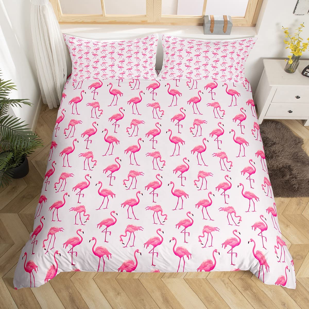 Homemissing Flamingo Bedding Duvet Cover Set Tropical Flamingo Bedding Set for Kids Boys Girls Decor Animal Decor Comforter Cover Set Microfiber Pink Bedspread Cover Double
