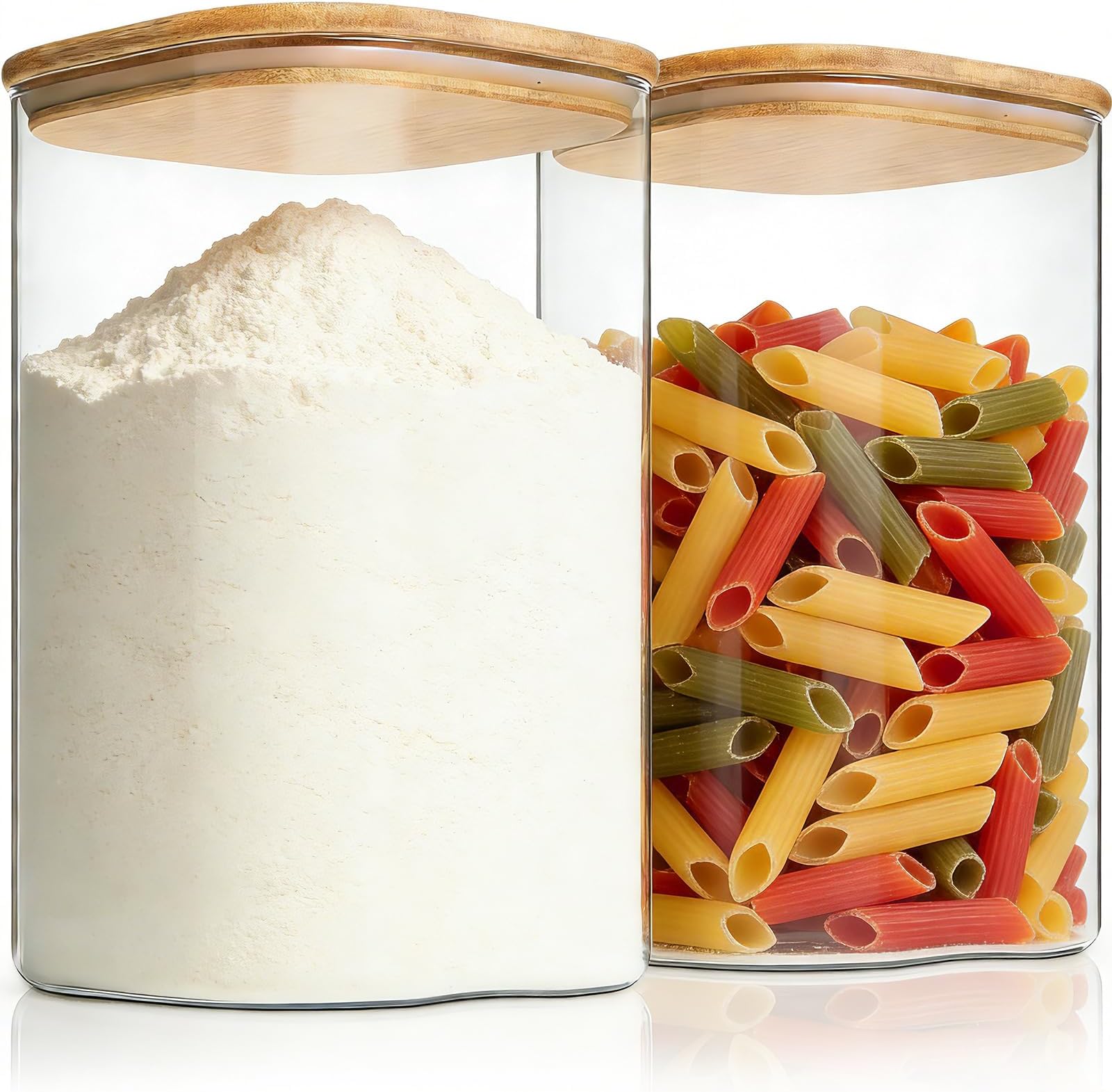1.2 Gallon Glass Flour Storage Containers with Bamboo Lids, Set of 2 Large Square Pantry Jars, Big Wide Mouth Canisters for Sugar, Rice, Cereal, Beans, Cookie & Dry Goods