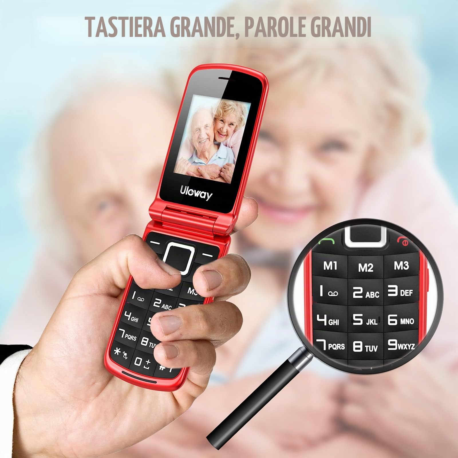 CHAKEYAKE Telefono per anziani senza contratto, cellulare pieghevole con tasti grandi, doppio display 2,4 pollici, pulsante SOS, torcia