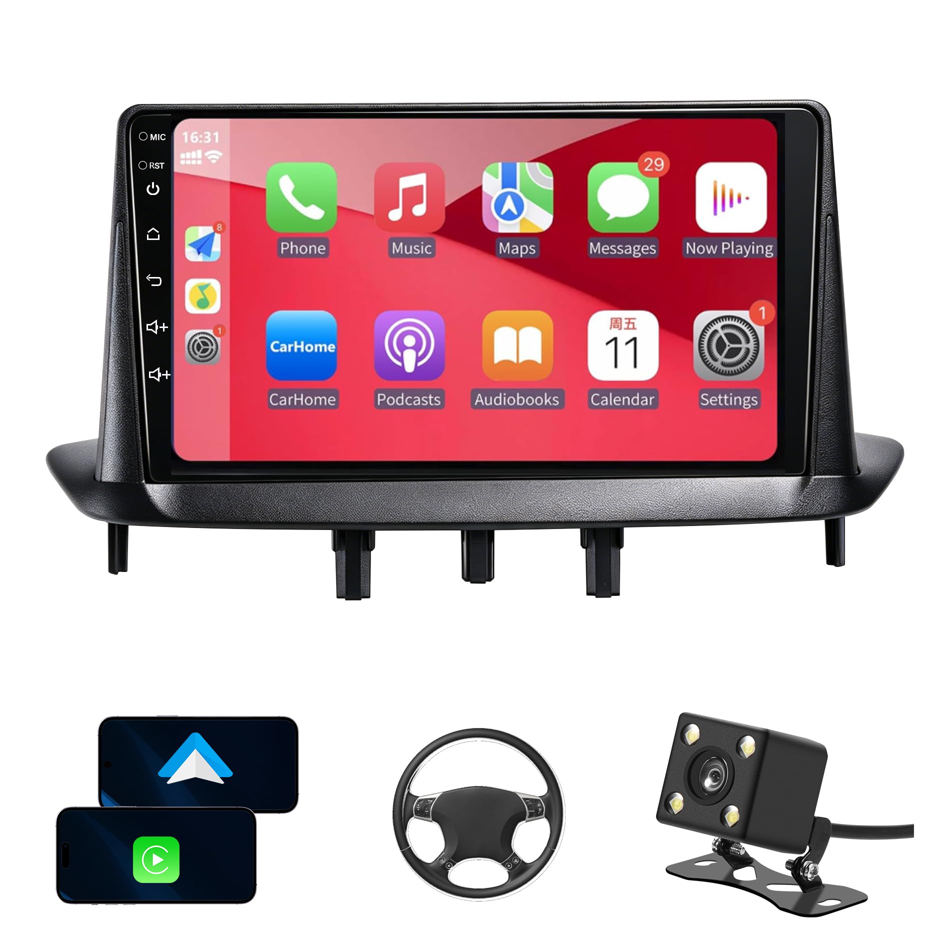 Pantalla carplay Renault Megane 3 2009-2014 con Android Auto y CarPlay Inalámbrico 9 Pantall Estéreo con FM/GPS Navegación/USB/Cámara Trasera/Reproductor Multimedia