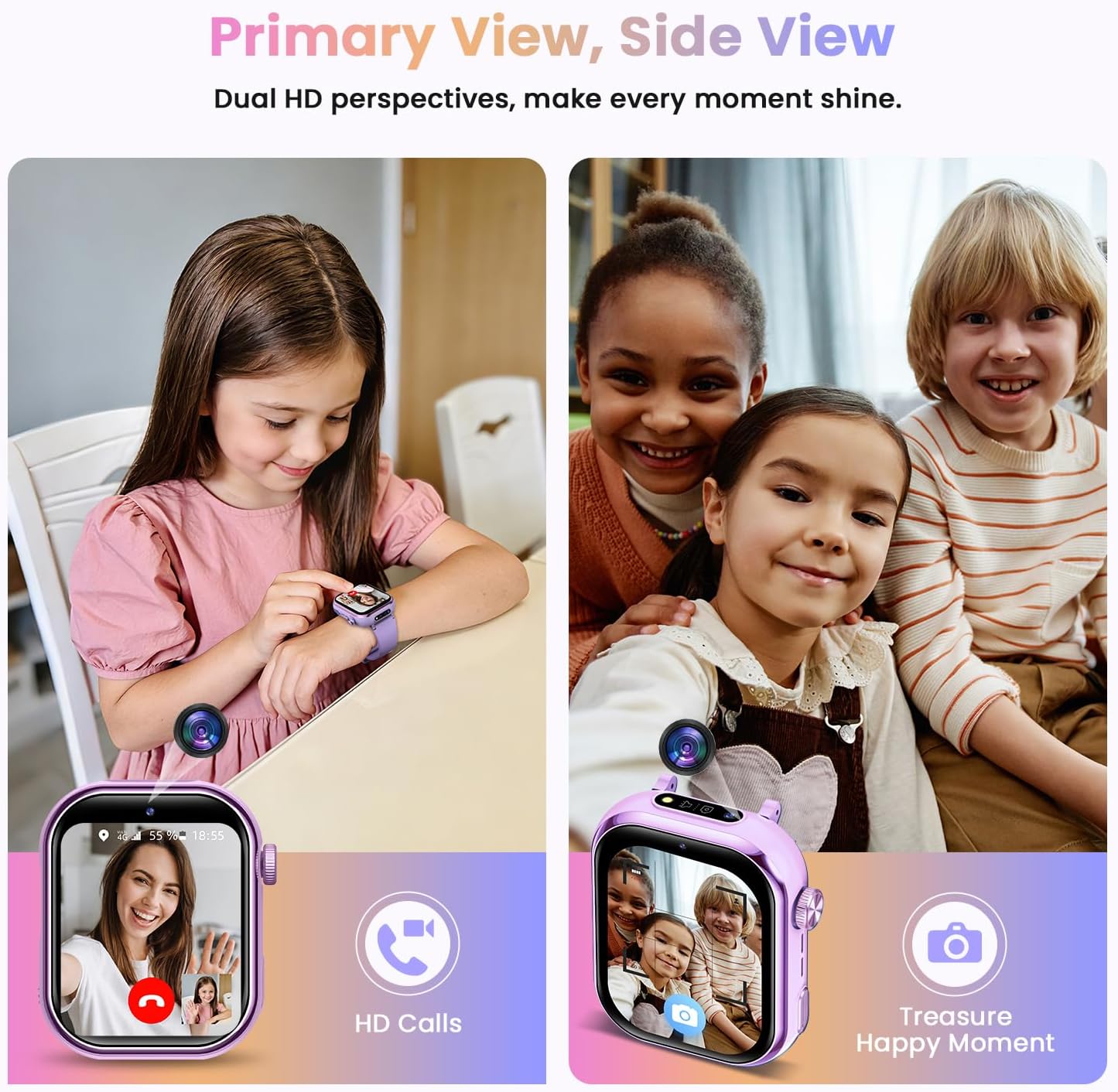 Reloj Inteligente Niña, 4G Smartwatch Niña con GPS y Llamadas, Doble Cámara, Videollamada, SOS, Modo Escuela, Despertador, Linterna, IP68, Podómetro Regalo Niñas y Niños Púrpura 3 Años Garantía 4