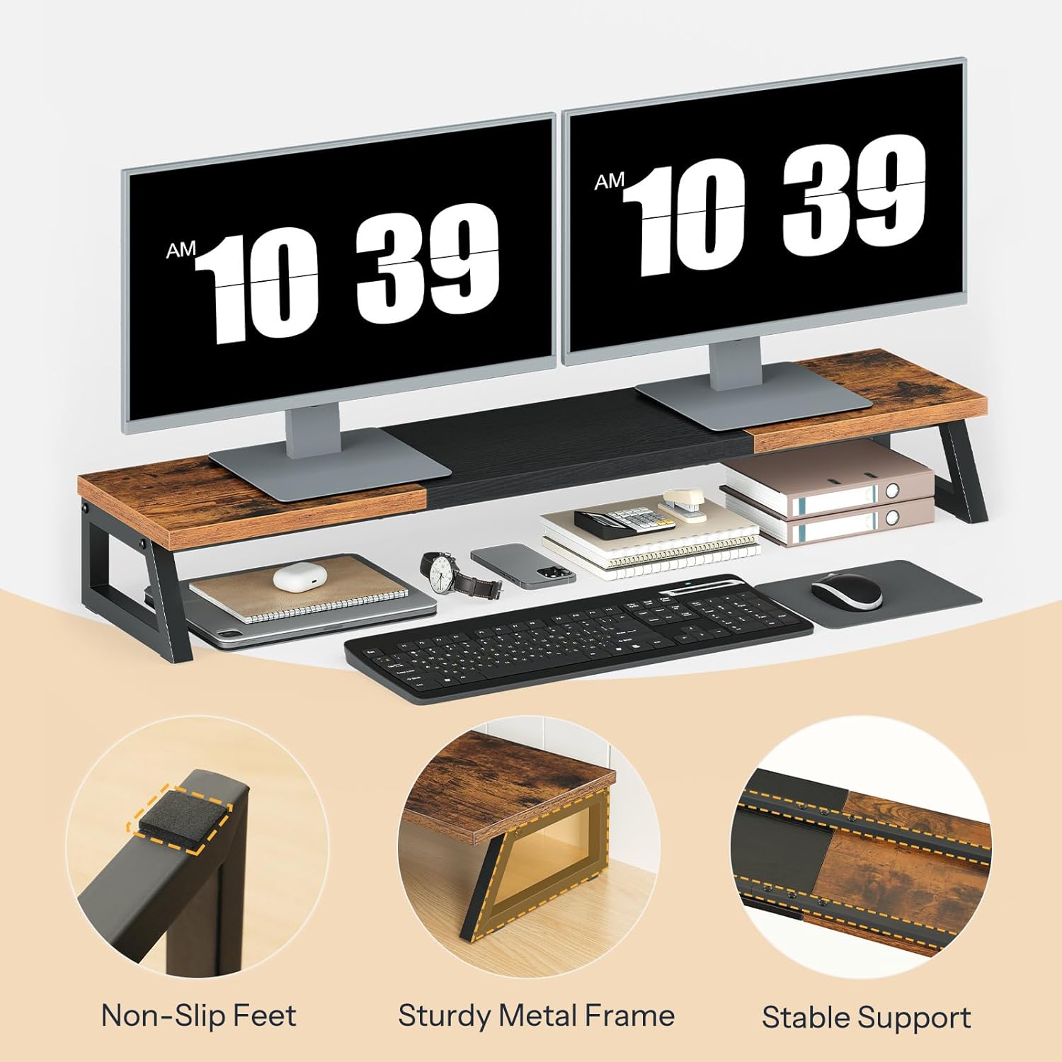 HOOBRO Computer Desk and Dual Monitor Stand Bundle, Home Office Desk with Power Outlet, Desk Shelf Organizer, Home Office, Sturdy and Stable, BF40UDN01-BF121CJ01