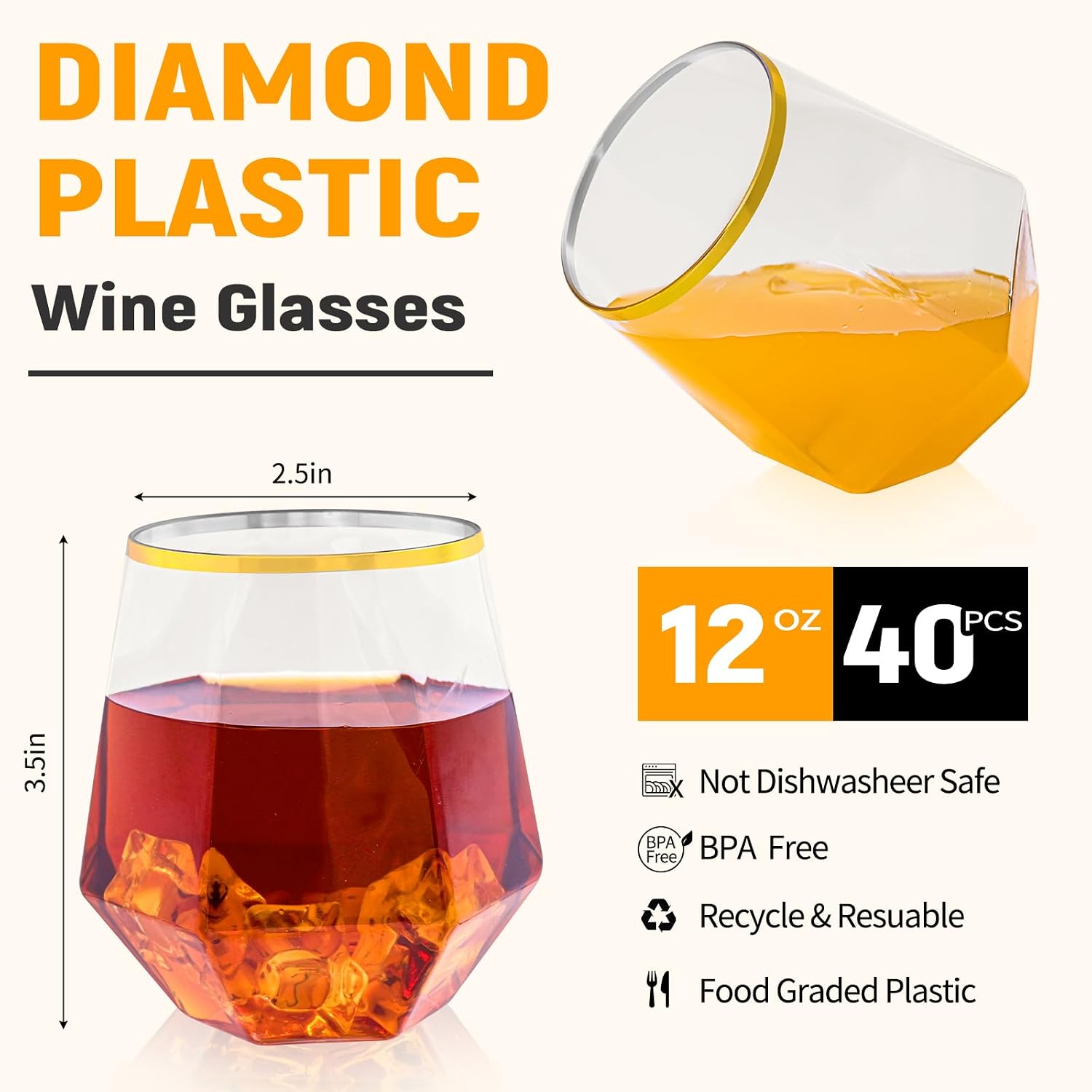 40 PCS Diamond Stemless Plastic Wine Glasses with Gold Rim 12 Oz Disposable Unbreakable Clear Cocktail Champagne Whiskey Glasses Plastic Cups for Party Wedding, Birthday, Bar, Holiday, and Daily Use image 2
