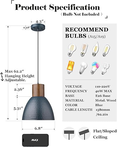 Miniatura 3 de ELYONA Lámparas colgantes martilladas para isla de cocina, lámparas colgantes pequeñas de madera maciza de 7 pulgadas, lámpara colgante de metal