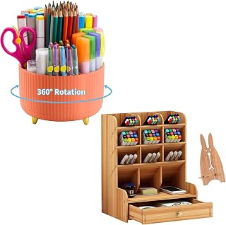 Soporte de bolígrafo giratorio de 360 grados + soporte de lápiz de madera