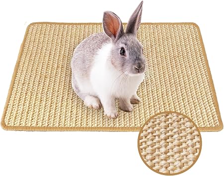 Rabbit Scratching Pad, 16 x 12 Inch Natural Sisal Bunny Scratch Mat Scratcher Mats Claws and Teeth Care for Biting Sleeping Nesting Small Animal Bedding Bed Play Toy Beige+Brown, 1Pc