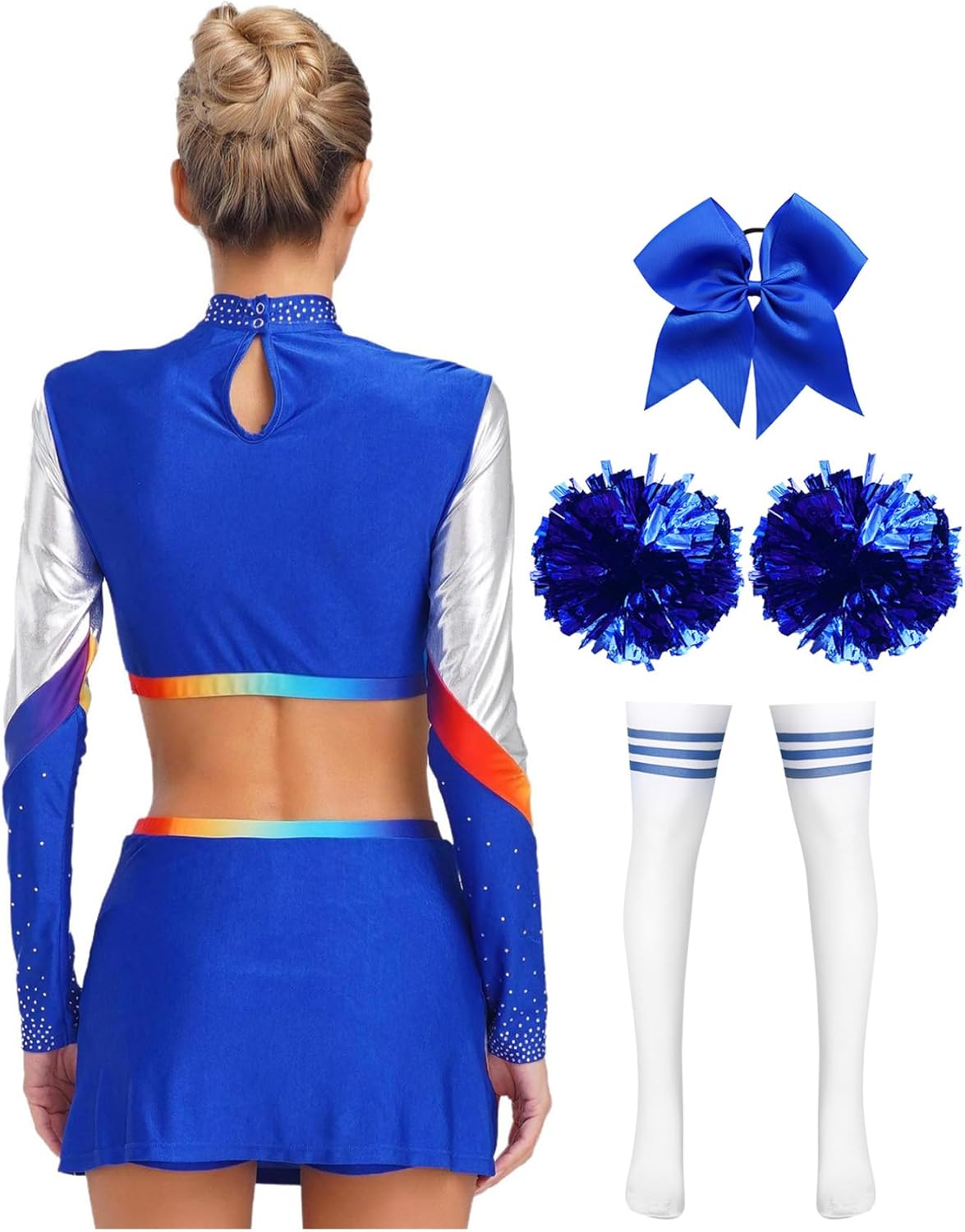 FEESHOW Cheerleading Dancewear Set for Women Mock Neck Long Sleeve Crop Top with Mini Skirt