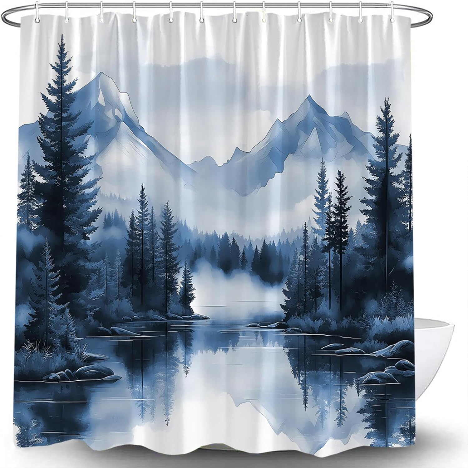 Deep Green Misty Forest Shower Curtain Mountain Foggy Pine Trees Landscape Watercolor Jungle Plant Rustic Nature Scenery Lake Fabric Bathroom Curtain Set with Hook