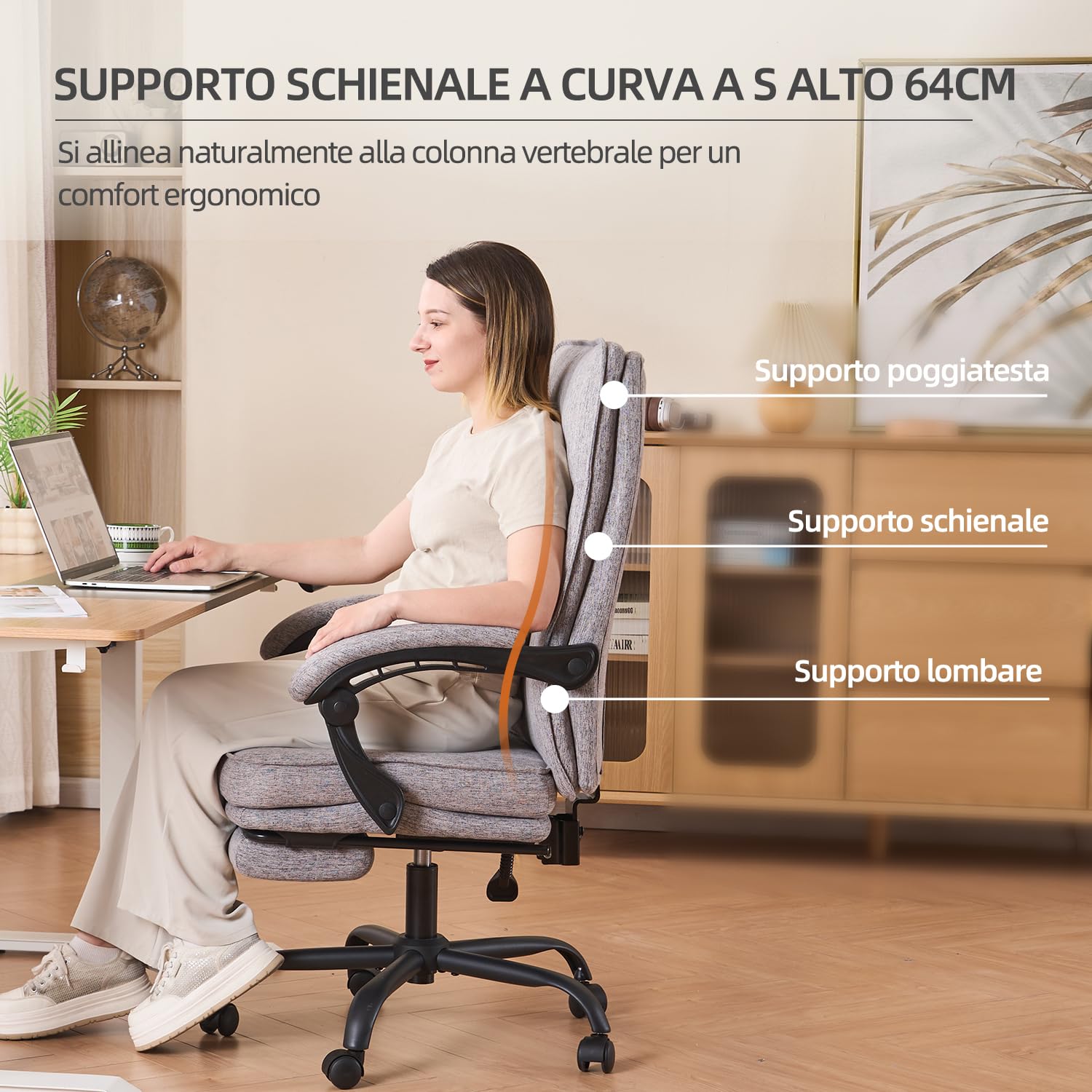 MZLEE Sedia da ufficio ergonomica, sedia da scrivania, sedia direzionale, sedia per computer, ergonomica con poggiapiedi e schienale regolabile 90-135° per ufficio a casa, grigia, in tessuto, 150 kg