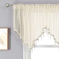 Vista 2 de WUBODTI Cenefas transparentes para ventanas de sala de estar, cortina triangular de encaje con cuentas de cristal, 51 pulgadas de ancho x 24 Beige