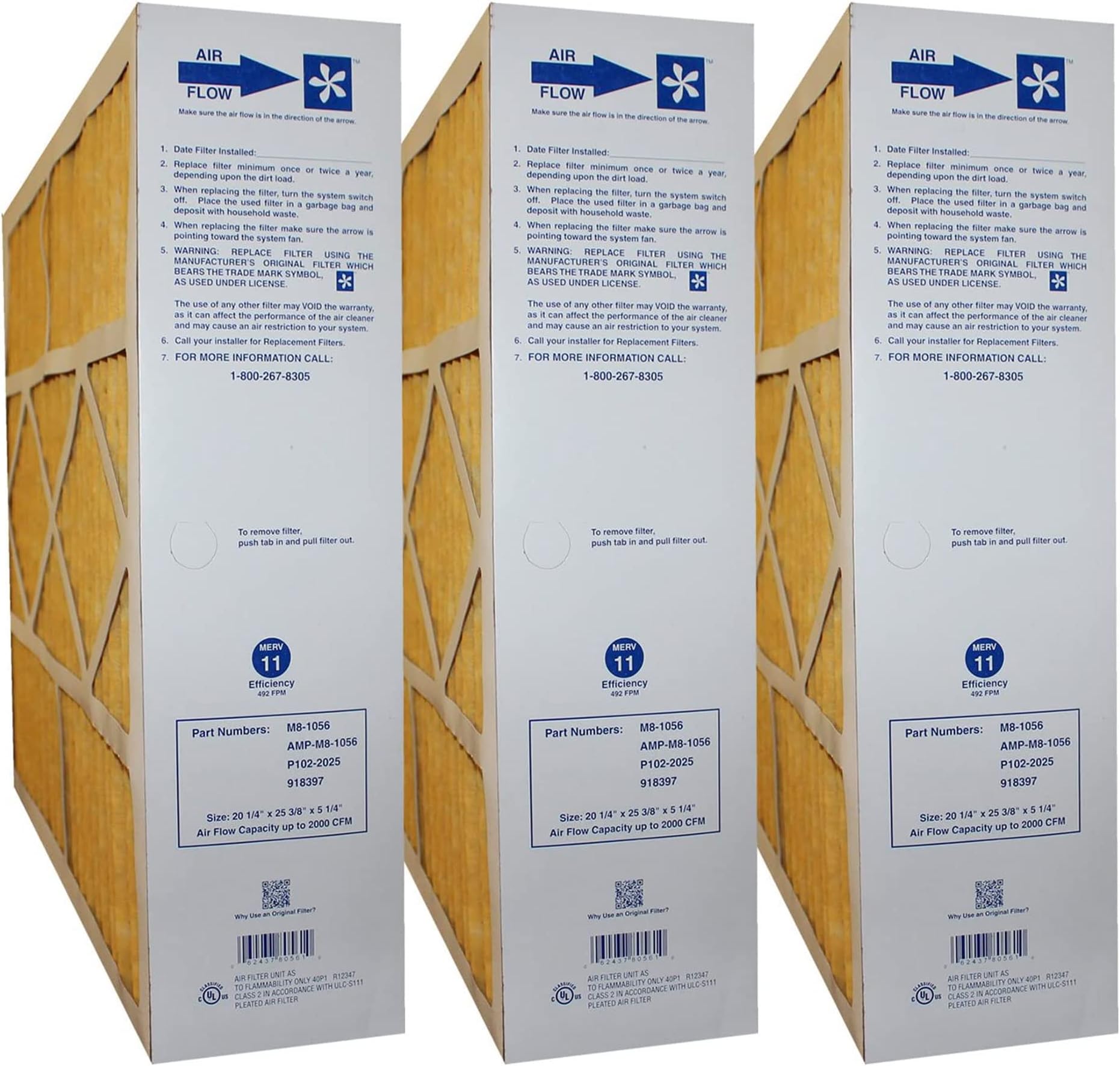 M8-1056 MERV 11 AfterMarket / Generic. Actual Size 20 1/4 x 25 3/8 x 5 1/4 Furnace & A/C Filter. Case of 3 Made in Canada