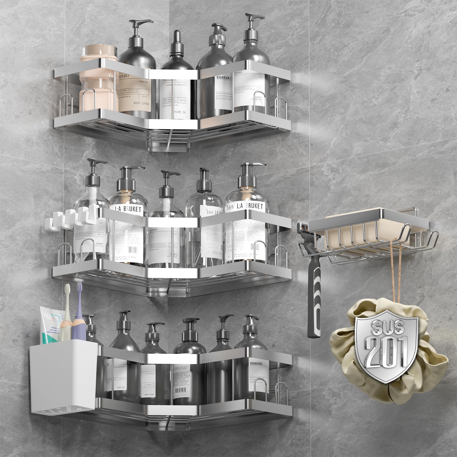 Duschablage Ohne Bohren, Duschregal, Badregal mit Kleber, Shampoo Halterung für Dusche, Rostbeständiger Duschkorb, Dusche Halterung Zubehör, Badezimmer Regal