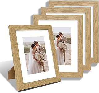 8x10 Picture Frame Set of 4, Made of Real Glass and Natural Oak Wooden Frame, 8 by 10 Photo for Wall or Tabletop - Display Picture 5x7 with Mat or 8x10 Without Mat
