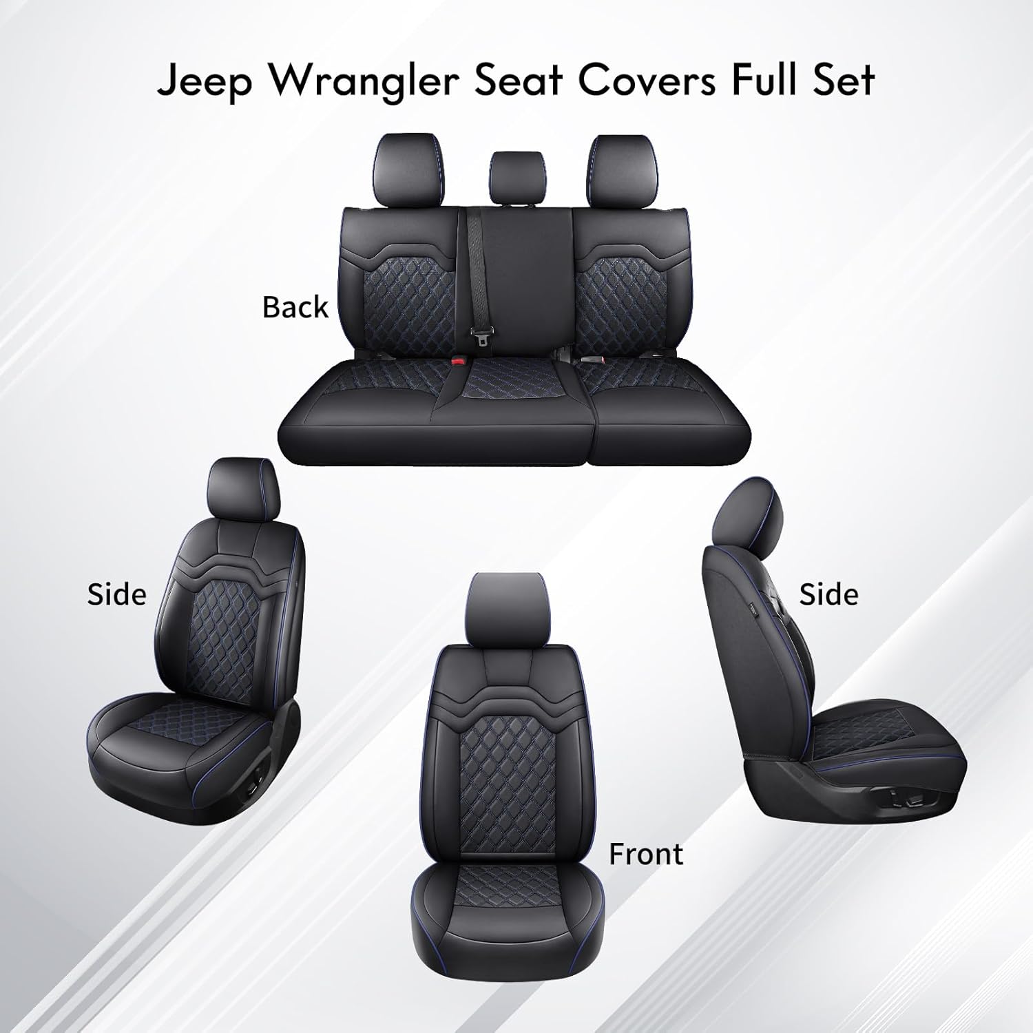 Huidasource Wrangler JL Seat Covers 4 Door 2018-2025, Wrangler Leather Seat Cover Full Set, Custom Fit Seat Protector for Jeep Wrangler JL 4-Door Without Rear Cupholder (Full Set/Black&Blue)