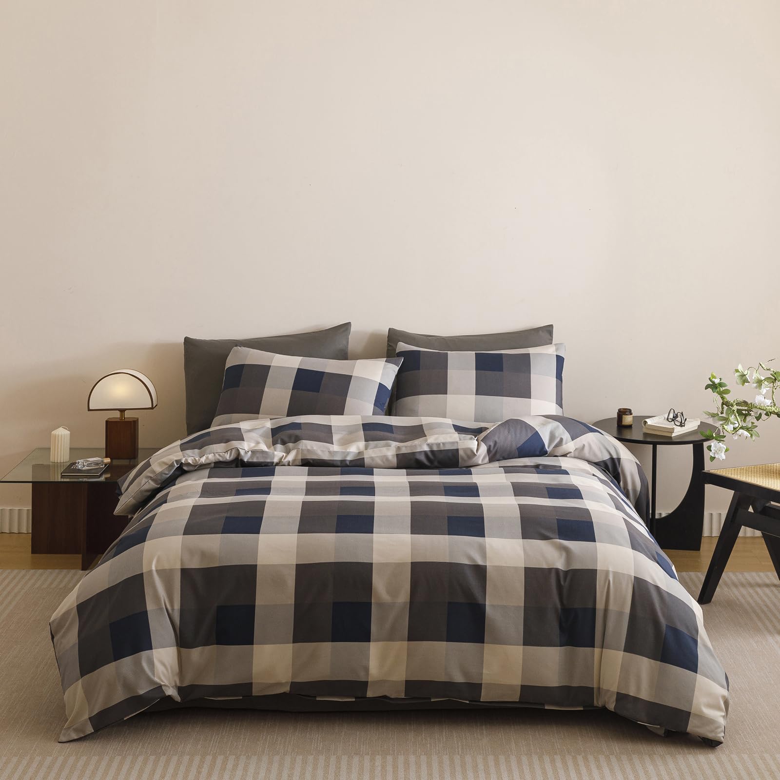 CLOTHKNOW Bettwäsche-Set für Queen-Size-Betten, kariert, Büffelkaro, weich, für alle Jahreszeiten, leicht, Marineblau