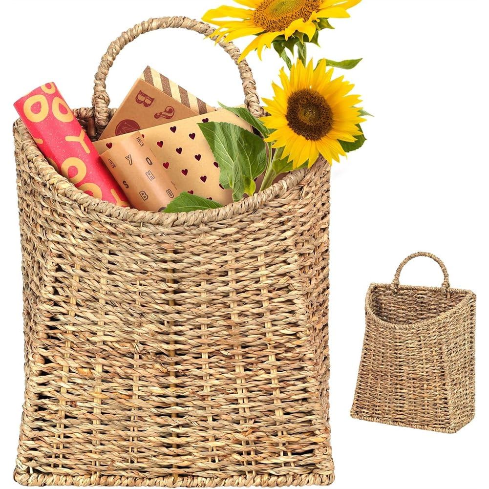 Hndhbfgrt Woven Hanging Seagrass Baskets Handwoven Wall Wicker Organizer Baskets Hanging Flower Basket