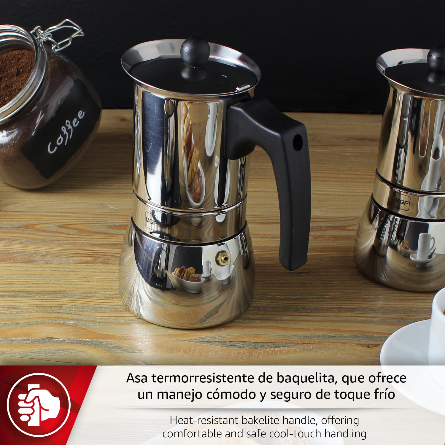 Magefesa Genova - Caffettiera Moka 6 Tazze, Acciaio Inox 18/10, Manico Ergonomico, Risparmio Energetico, per Tutti i Tipi di Cucine, Induzione
