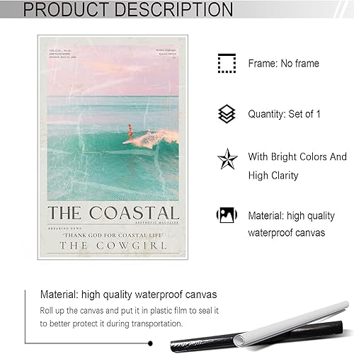 Miniatura 7 de Bittiler Póster retro de vaquera costera para viajes, paisaje marino, surfista, deportes, salvaje oeste, surf, arte, verano, océano tropical, playa,