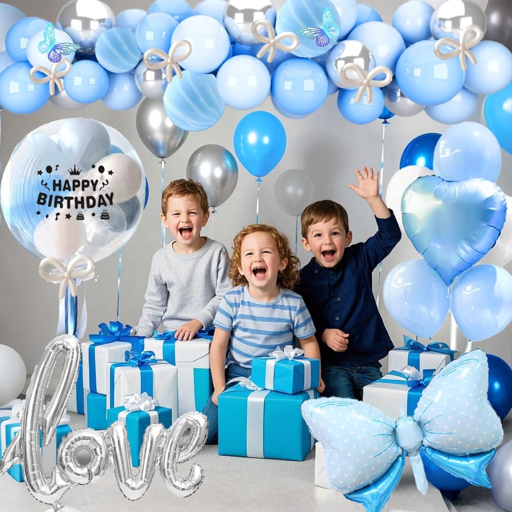 16th Blue Silver Birthday Party Decorations with Happy Birthday Banner,Love Balloons,Number Balloon 16,Butterfly Hanging Garland,Fringe Curtains for 16th or 61st Birthday Party - Image 7