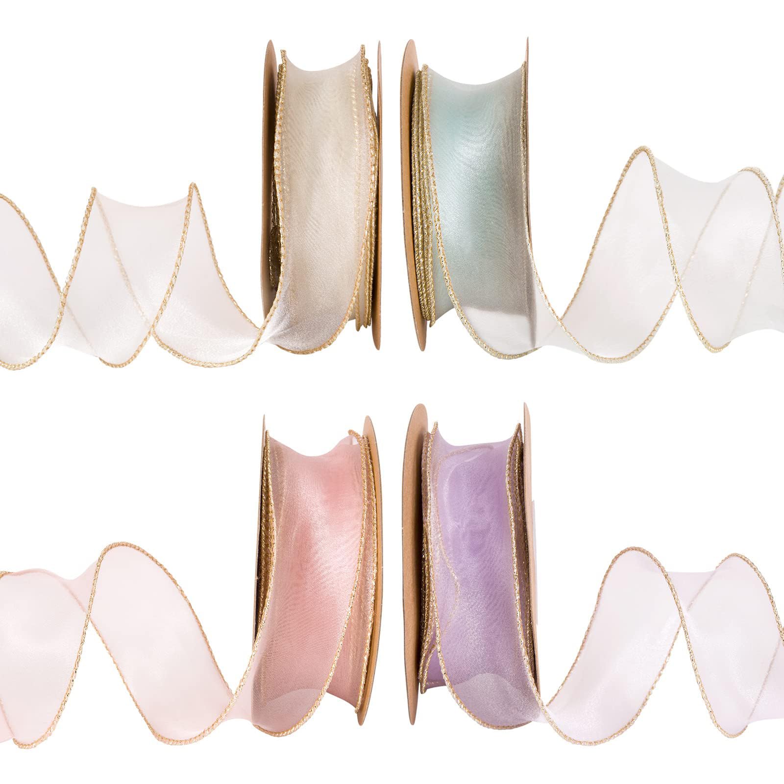 Organza Wired Sheer Ribbon, 4 Rolls 4cm 10yd Sheer DIY Crafts Bouquet Garland Baking Decoration, Chiffon Ribbon with Golden Edge for Gift Wrapping for Gift Wrapping (Light)