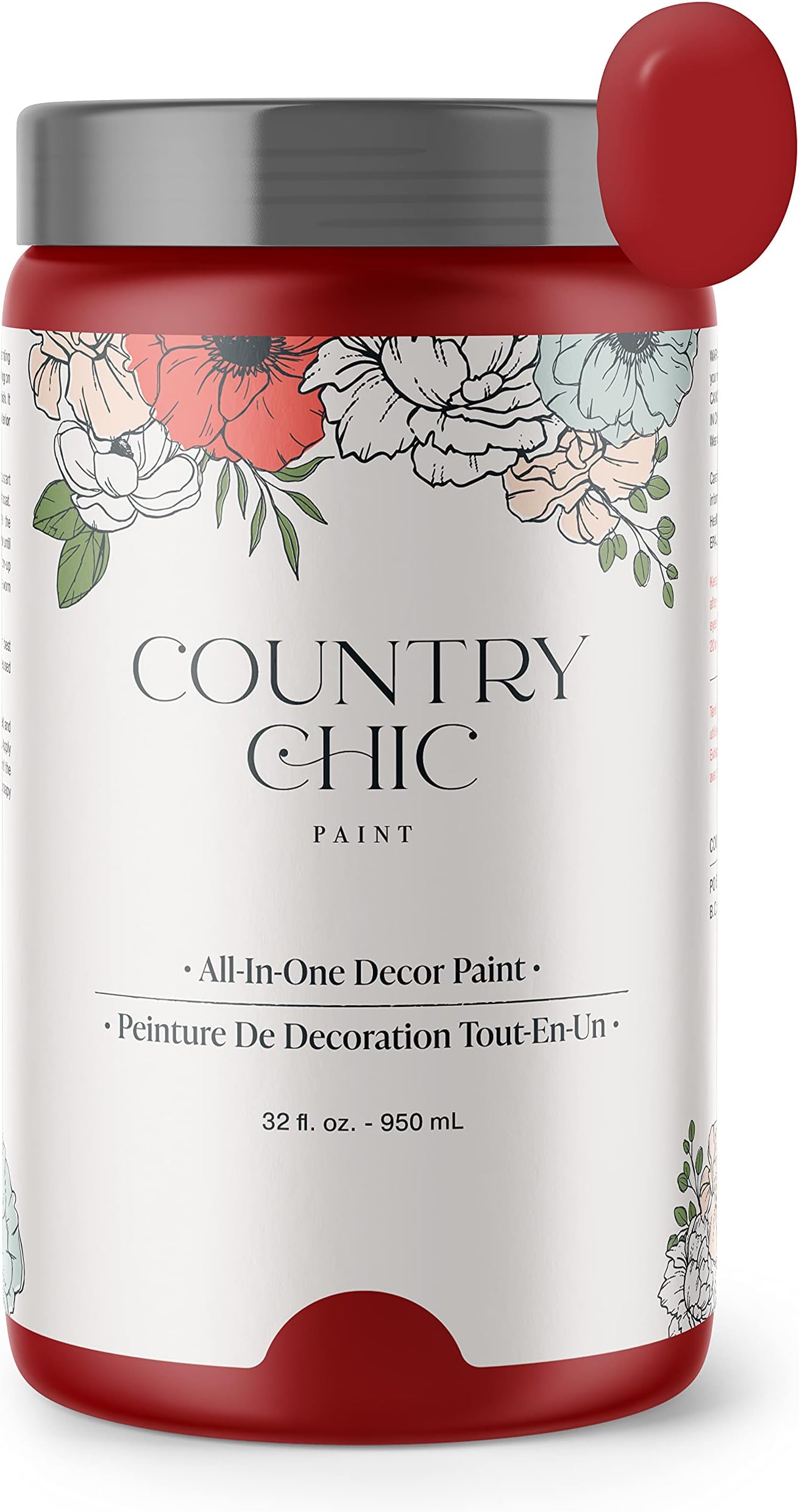 Country Chic All-in-One Chalk Paint for Furniture, Cabinets, Home Decor, Eco-Friendly, Matte Finish, Built-In Primer & Top Coat for Wood, Metal - Poppy (Bright Red) - Quart 32 oz (950 ml)
