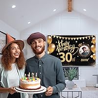 Vista 4 de Custom Happy Birthday Banner,Customize Photo Name and Age Banners Decorations Backdrop for Women Men Boys Girls, Personalization Birthday Banners