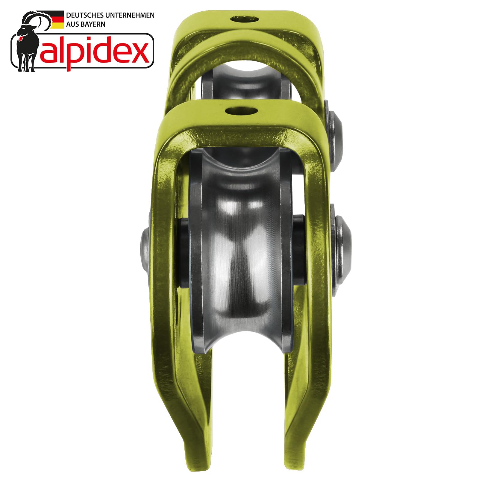 ALPIDEX Tandemrolle Seilrolle 20 kN | Umlenkrolle | Tandem Pulley | Norm EN12278 | Kugellager | Doppelte Rollen | Stahlseile bis 12 mm Ø | Textilseile bis 13 mm Ø | Doppelseilrolle - Farbe: Lime