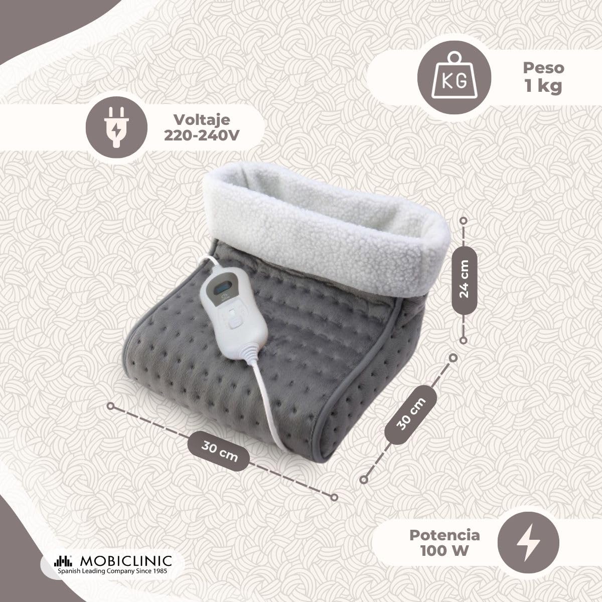 Mobiclinic, Calientapiés eléctrico, Muy bajo consumo, 100w, Apagado automático, Lana y vellón, Marca española, Forro interior fácilmente lavable, 3 niveles de temperatura, 30 x 24cm, Gris
