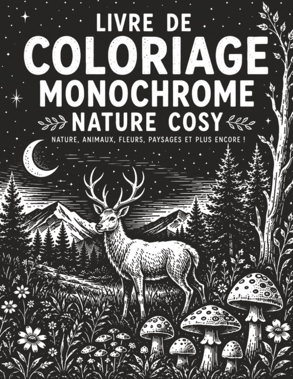 Livre de Coloriage Monochrome Nature Cosy: 50 Illustrations Monochromes Relaxantes de Nature, Maisons Cosy, Animaux Paisibles, Fleurs et Paysages à Colorier en Noir