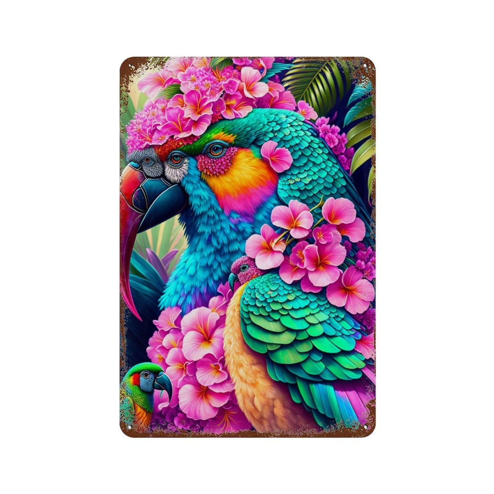Tropical Parrot Paradise Rusty Metal Tin Sign 11.8"x7.9", Vintage Wall Decor for Garage, Pub Or Kitchen
