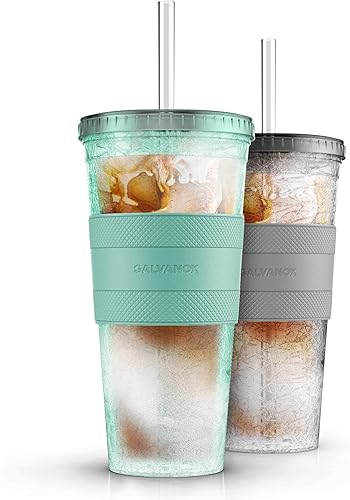 Miniatura 7 de GALVANOX Taza de café helado congelable con tapa y popote (20 onzas), vaso térmico reutilizable con funda de agarre (verde)