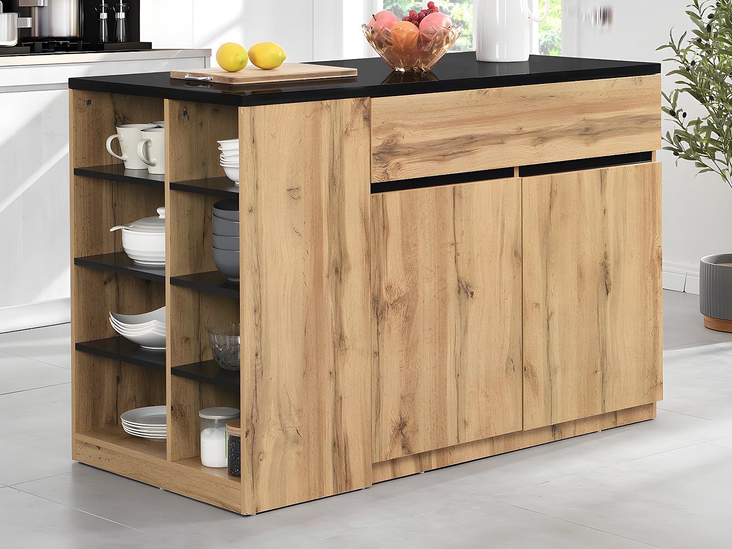 Vente-unique - Kücheninsel 4 Meili - MDF - schwarz, naturfarben hell