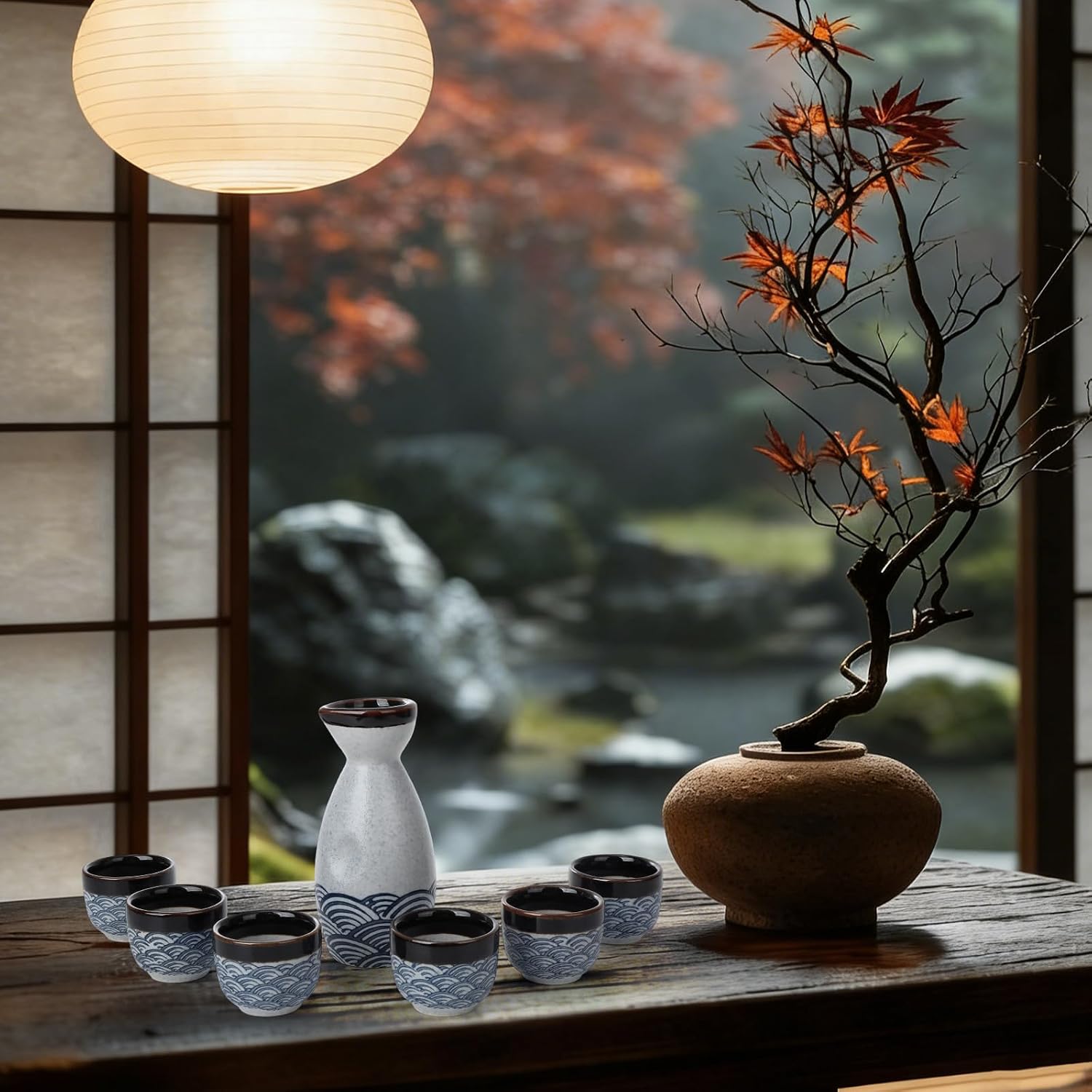 Porcelain Japanese Sake Set, 1 Sake Bottle, 6 Sake Cups and 6 Pairs of Chopsticks, Ceramic Bottle and Cups for Hot or Cold Sake at Home or Restaurant, Blue Wave Pattern, Special Japanese Gift Set