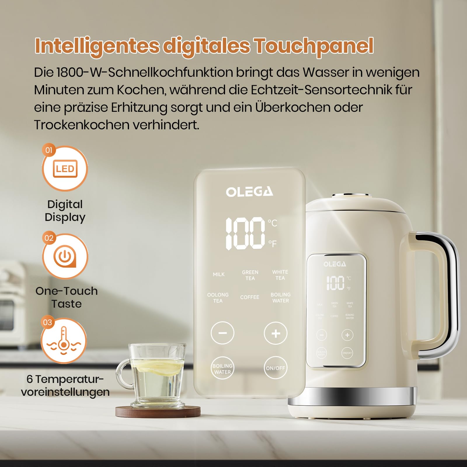 OLEGA Wasserkocher: 1800 W Wasserkocher mit Temperaturregelung, 1,5 l Fassungsvermögen, Edelstahl, Smart Kettle, ideal für Kaffee und Tee, Beige