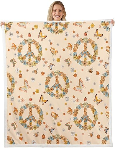Miniatura 12 de Manta de vellón Kawaii Mushroom Boho – Hippie Groovy Floral Sherpa Queen – 60s 70s Retro Vintage Theme Throw – Chic Daisy Flower Plush Geometric