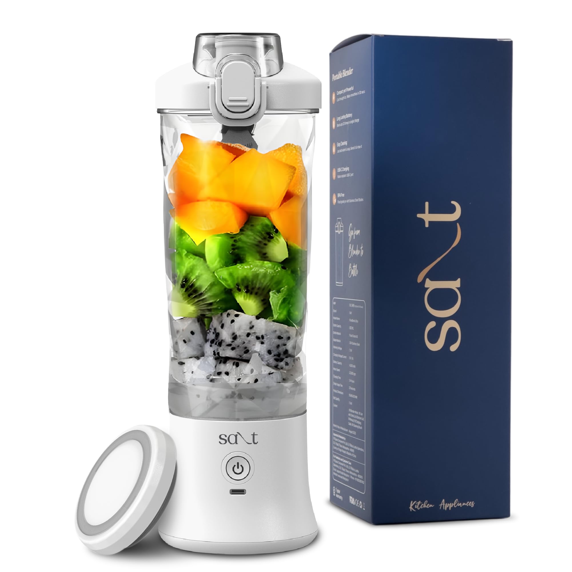 Salt PureBlend Ultra Portable Blender for Smoothies, Protein Shakes, Crushing Ice | 4000 mAh Battery, USB-C Rechargeable | 230W Motor with Turbo Mode | 600ml (White)-image-37