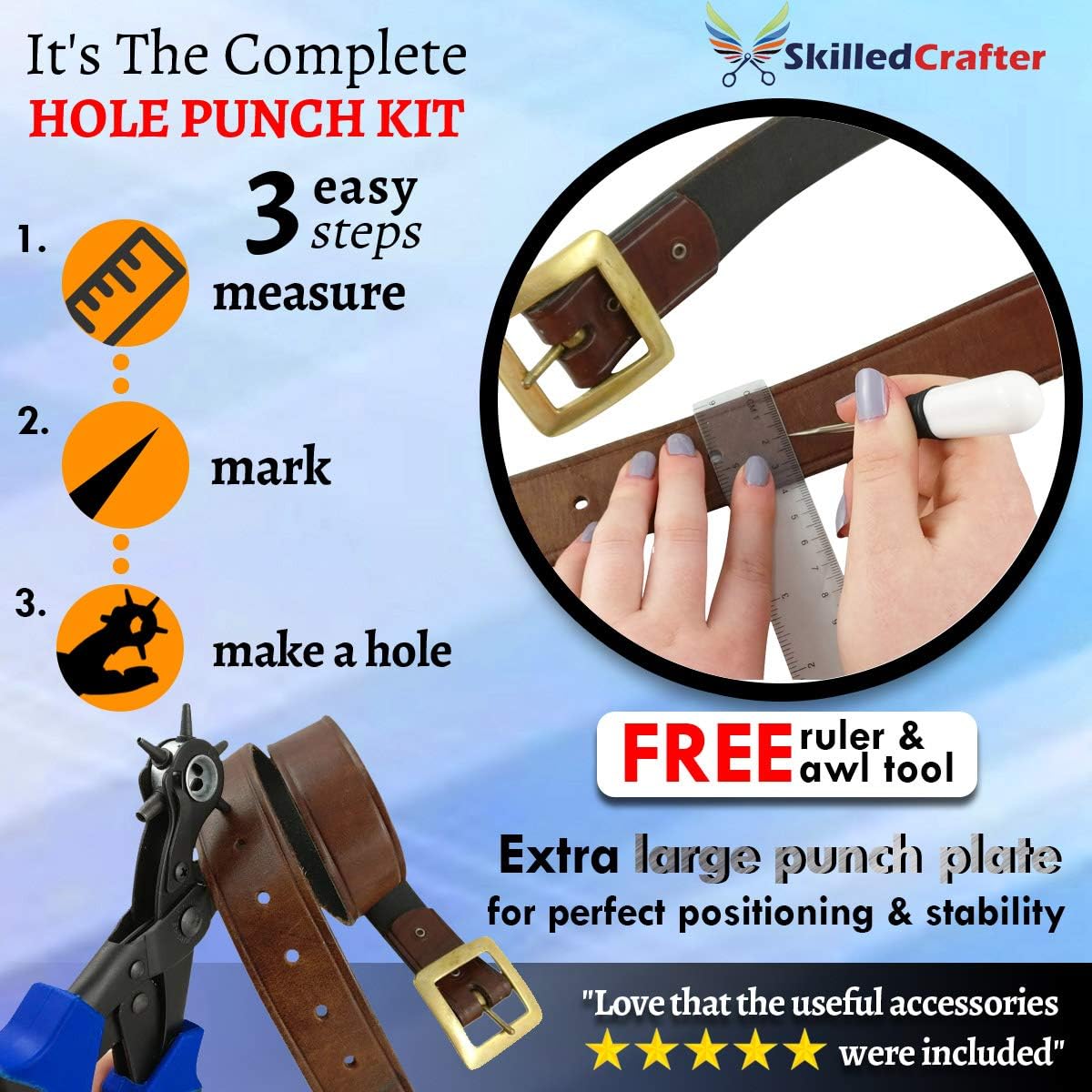 Leather Hole Punch & Belt Hole Puncher Easily Punches Perfect Round Holes. Bonus Ruler & Awl Tool. Leather Punch Tool for Watch or Bag Strap, Fabric, Eyelet - Precision Crafting & Professional Results : Arts, Crafts & Sewing