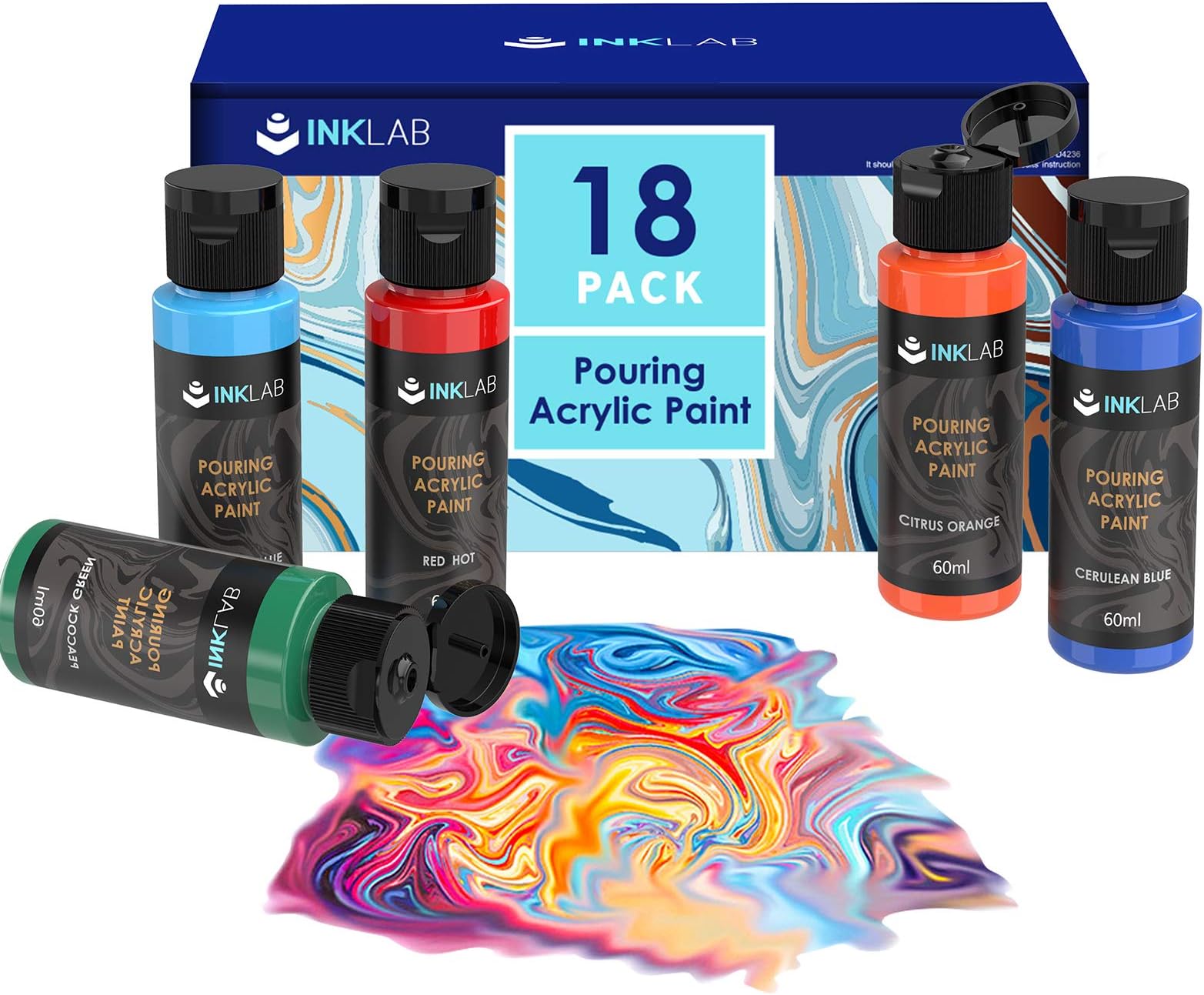 INK LAB Acrylic Pouring Paint Kit 18 Colors Acrylic Paint Pre Mixed for Pouring on Canvas Wood Crafts Tiles Rocks Painting, Water Based, 2 Oz/Bottle