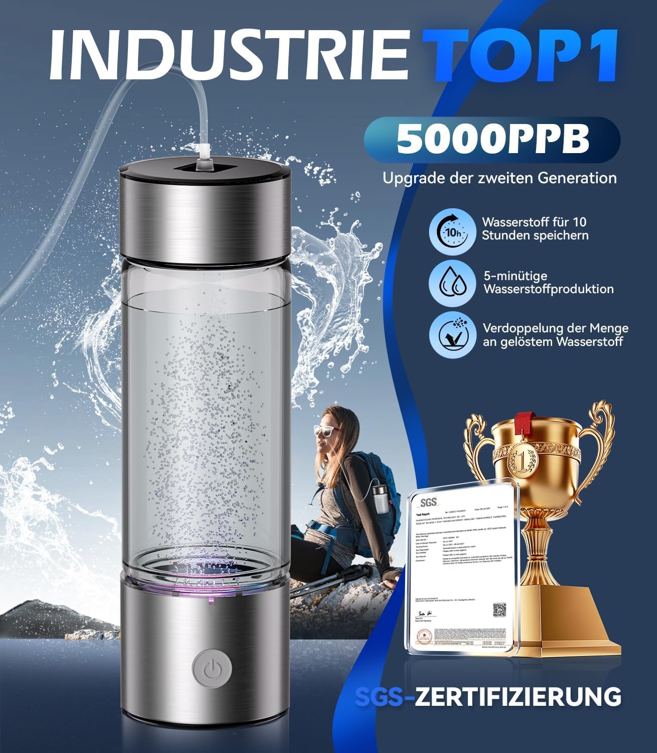 2 In 1 Neuer Wasserstoff-Wasserflasche【SGS-zertifiziert - 5000PPB】【Neu SPE PEM-Technologie】Doppelte Wasserstoffkonzentration, Wasseraufbereitung in 3 Minuten, 450ml Silver