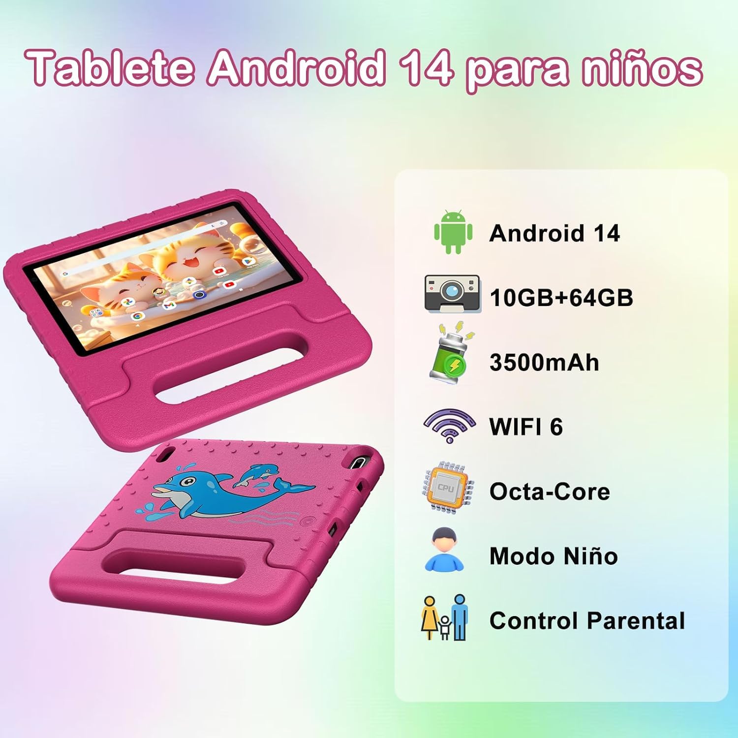 Tablet para Niños 7 Pulgadas,Android Niños Tablet, 10GB RAM + 64GB ROM/TF 512GB, Kids Educativos | Control Parental | Octa-Core 1.8GHz | 5G WiFi 6 | Cámara Dual | BT5.0,con Funda EVA Rojo