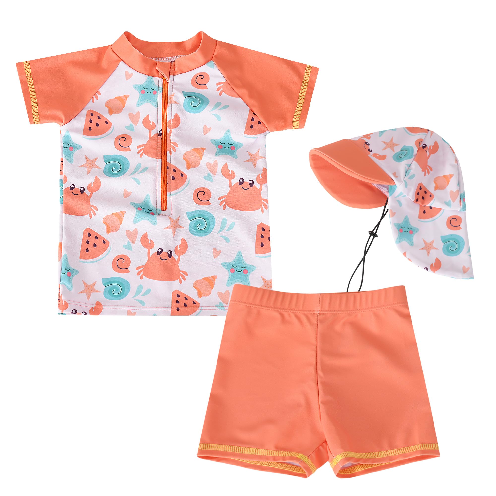 Happy Cherry Bébé Garçon Maillots de Bain 3 Pièces Ensemble Rashguard Zippé Imprimé Manches Courtes + Chapeau Anti-UV Costume de Natation Plage Été à Séchage Rapide 0-3 Ans