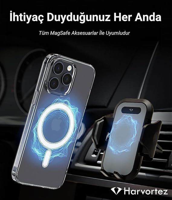 HARVORTEZ, iPhone 12 Mini, MagSafe Uyumlu Güçlü Manyetik Kılıf, PC Çevre Dostu Malzeme, Logo Görünür Kapak, TamUyumlu, Köşe Darbe Emicili Zarif Case (Şeffaf)