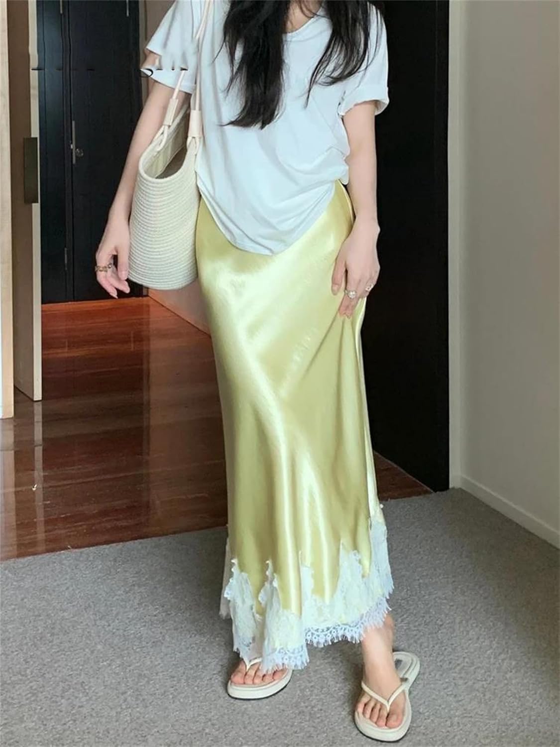 Women's Elegant Satin A Line Midi Skirt High Waist Slim Fit Lace Detail Long Skirt Korean Luxury Fashion Outfit