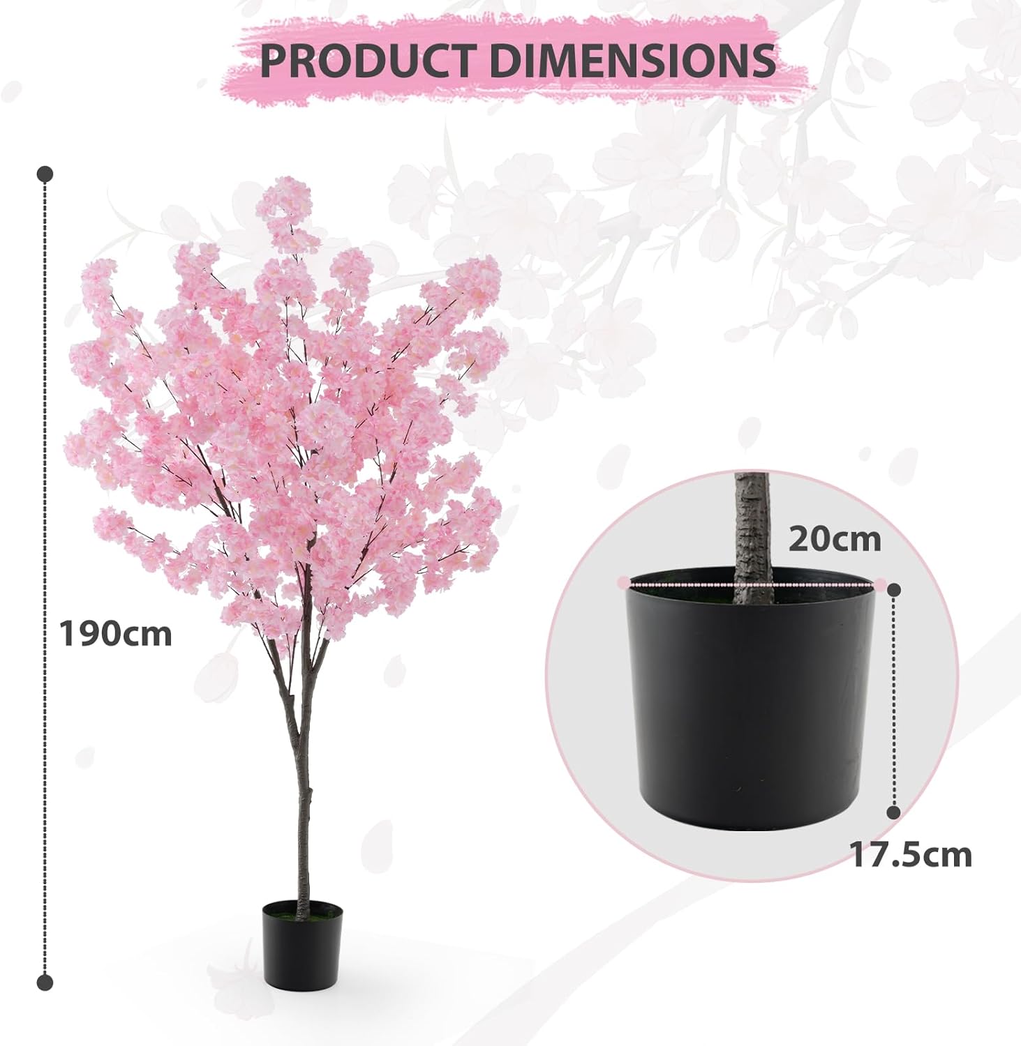GOFLAME 6.5FT Artificial Cherry Blossom Tree, Faux Pink Cherry Plant with Sturdy PE Trunk & Cement-Filled Nursery Pot, Fake Sakura Flower Tree for Home Office Party Wedding Indoor Decor